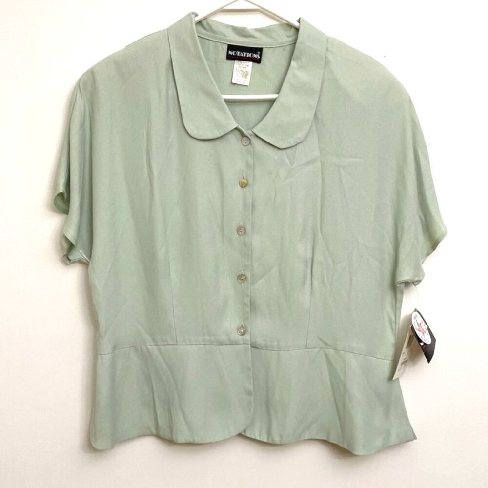 Vtg Notations Blouse Women's Sz 14 Lt Green S/S Peplum Feminine 80s 90s